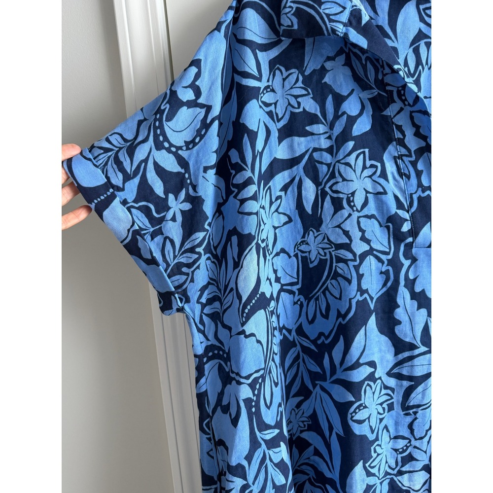 Belle Asle Blue Floral Organic Linen Midi Caftan Dress Short Sleeve Pocket - Picture 11 of 16
